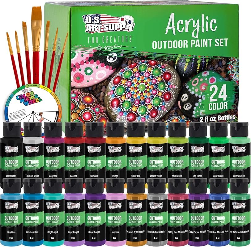 24 Color Outdoor Acrylic Paint Set, 2oz Bottles with 7 Brushes, Good f