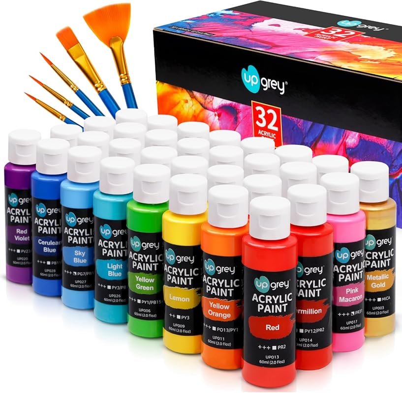 32 Colors Acrylic Paint Set (60ml): Non-Toxic Metallic Paints for Canv