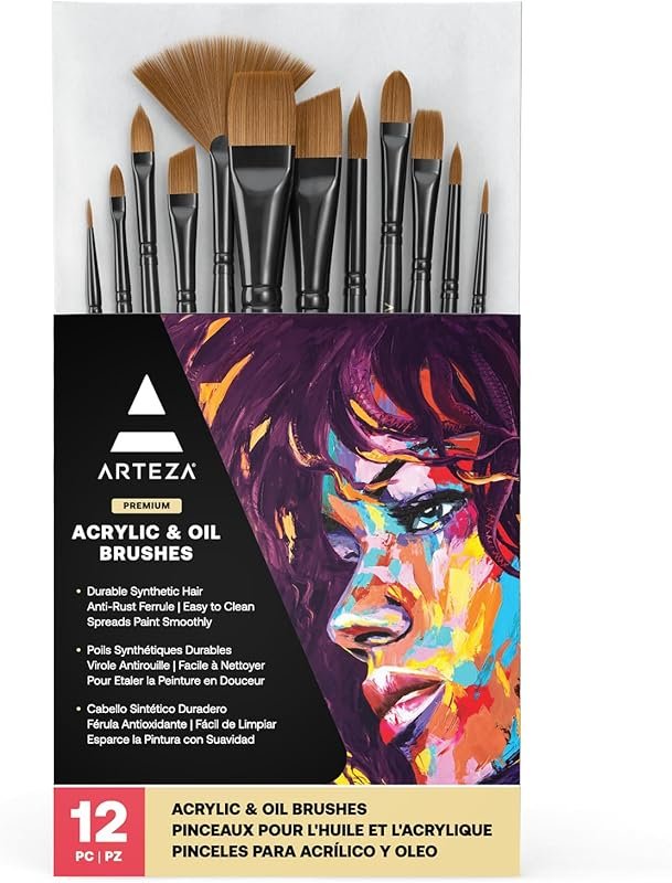 12-Piece Synthetic Paint Brush Set with Brass Ferrules and Wooden Hand