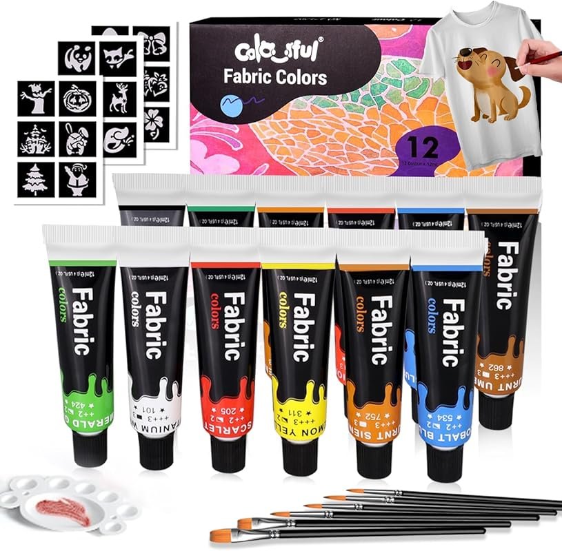 Fabric Paint Set: 12 Permanent, Non-Toxic Colors for Clothes, Shoes, a