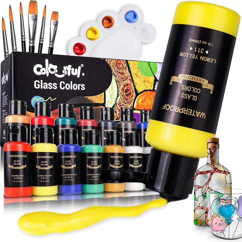 Colorful Stain Glass Paint Set with 6 Brushes, 1 Palette & 1 Sponge, 1