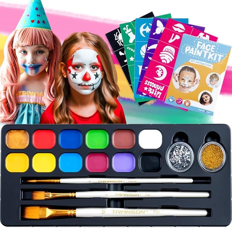 Transon Face Painting Kit for Kids: 12 Non-Toxic, Water-Based Colors w