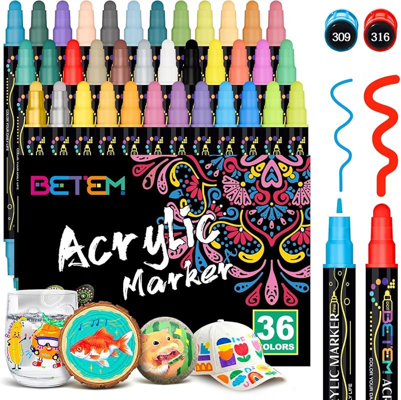 Best Betem 36-Color Dual Tip Acrylic Paint Markers for Various Art and