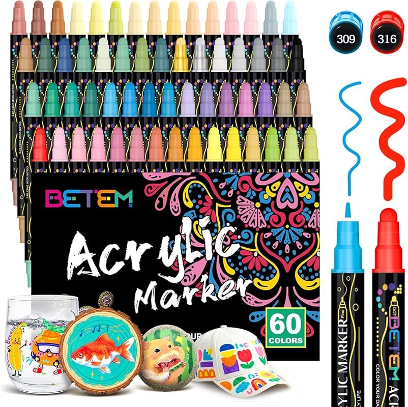 60 Colors Dual Tip Acrylic Paint Markers: Premium Pens for Multi-Surfa