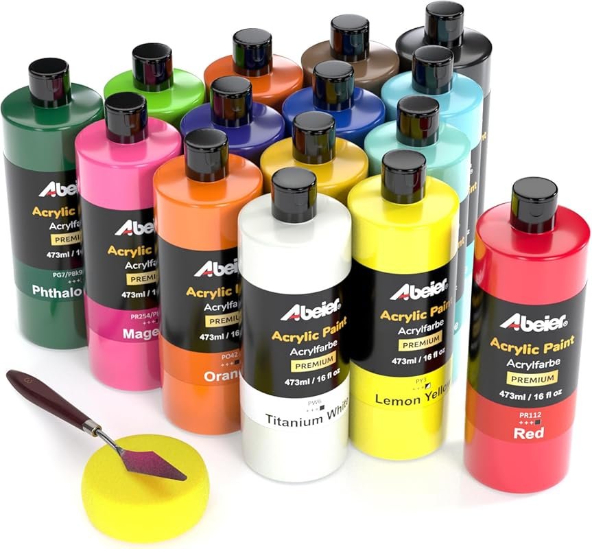 ABEIER Acrylic Paint Set: 15 Non-Toxic, Rich Pigment Colors (16 fl oz)