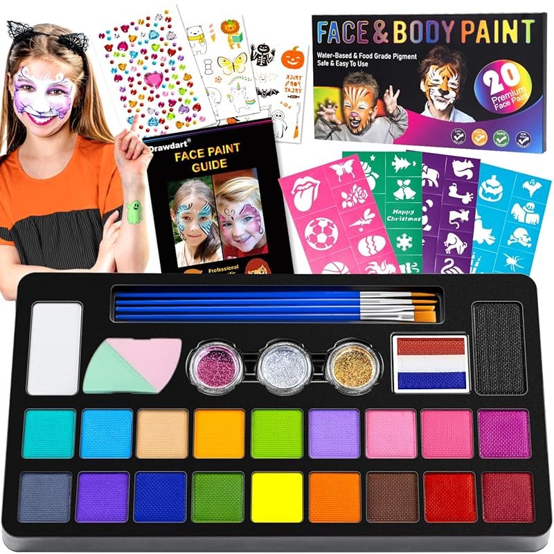 Face Painting Kit for Kids: 20 Non-Toxic, Water-Based Paints with Sten