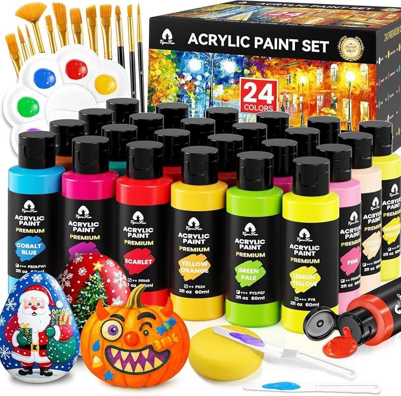 40-Piece Acrylic Paint Set: 24 Colors (2oz) with Brushes for Pumpkin &