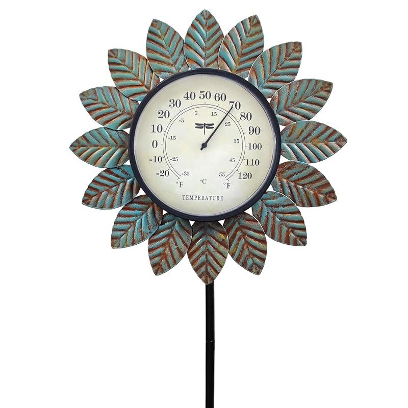 42-inch Decorative Metal Leaf Outdoor Thermometer Garden Stake for Pat