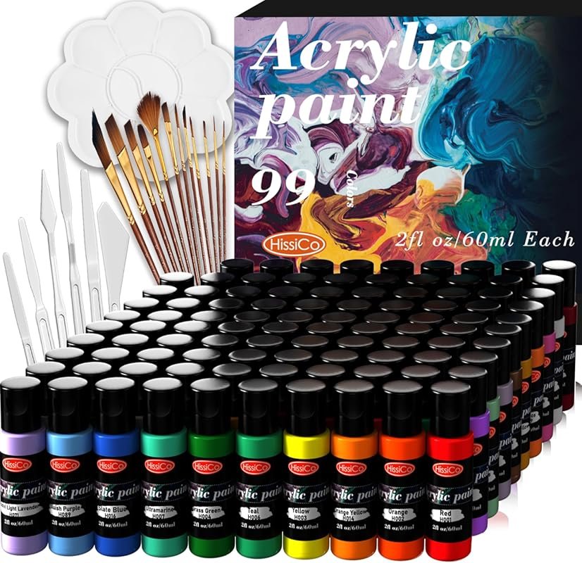HissiCo Acrylic Paint Set: 99 Non-Toxic Colors for Artists, Crafts, an