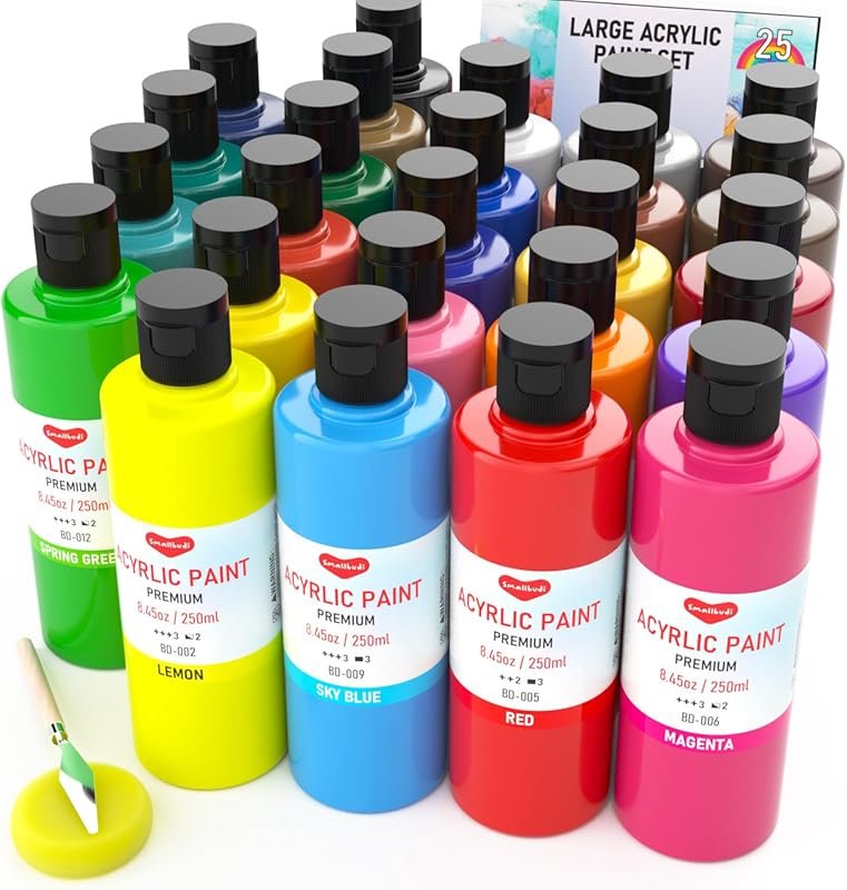 Large Acrylic Paint Set: 25 Colors (250ml), Non-Toxic Multi-Surface wi