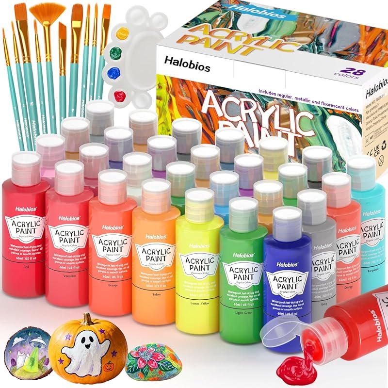 28 Colors Acrylic Paint Set with 10 Brushes, Ideal for Rock Painting A