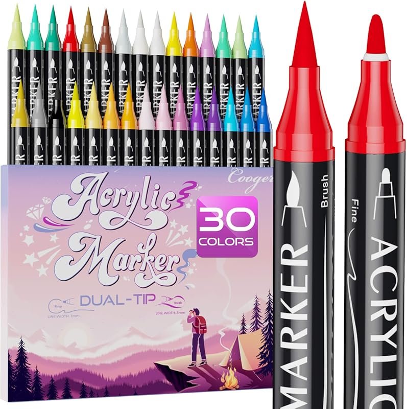 30 Colors Dual Tip Acrylic Paint Markers with Fine and Brush Tips for 