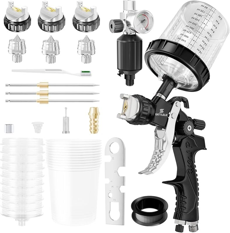 HVLP Air Spray Gun with 1.4/1.7/2mm Nozzles & Air Compressor Regulator