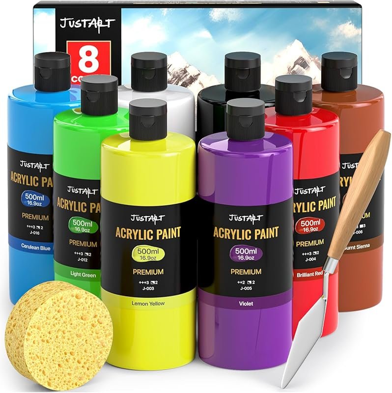 Large Acrylic Paint Set: 8 Primary Colors (500ml) for Canvas, Walls, C