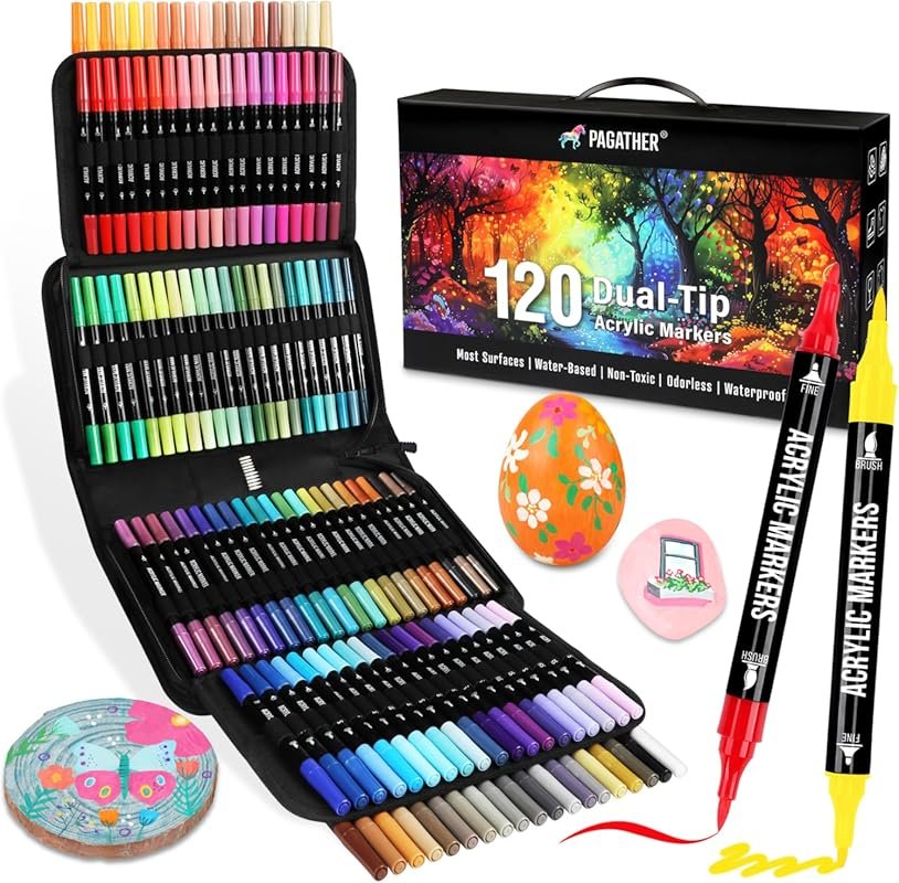 120 Colors Dual Tip Acrylic Paint Markers: Fine & Brush Tips, 24 Metal