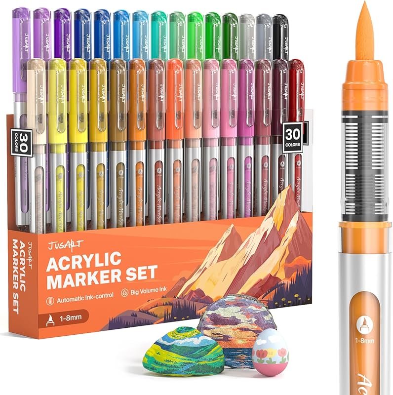 30 Colors Brush Tip Acrylic Paint Markers: Water-Based, Waterproof for