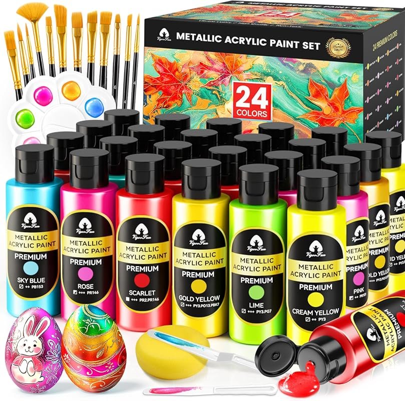 24 Colors Metallic Acrylic Paint Set with Brushes for Pumpkin, Canvas,