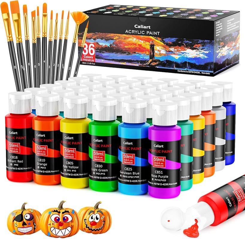 This 36-Color Acrylic Paint Set (59ml) with 12 Brushes is Perfect for 