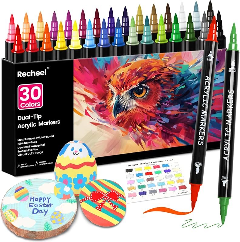 30 Colors Dual Tip Acrylic Markers: Fine and Brush Tips for Wood, Glas