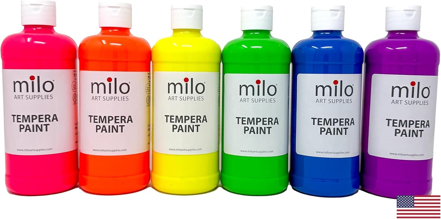 Milo Fluorescent Neon Washable Tempera Paint: 6 Colors, 16 oz Bottles,