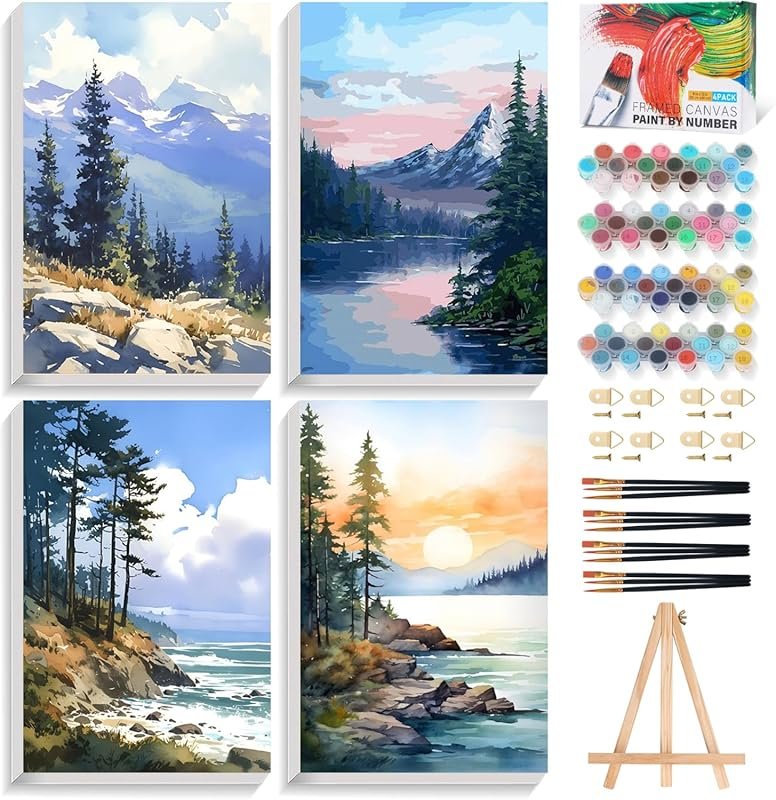 4 Pack Framed Paint by Numbers Kit for Adults Beginners: 8x12 Inch Lan