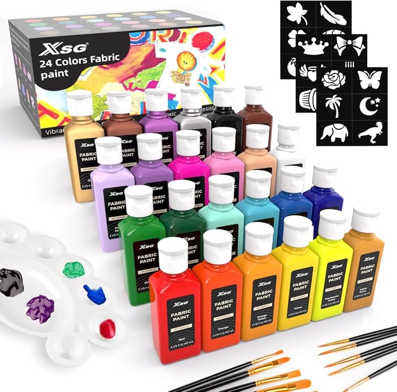 24 Colors Permanent Fabric Paint in 2oz Bottles with 10 Brushes & Sten