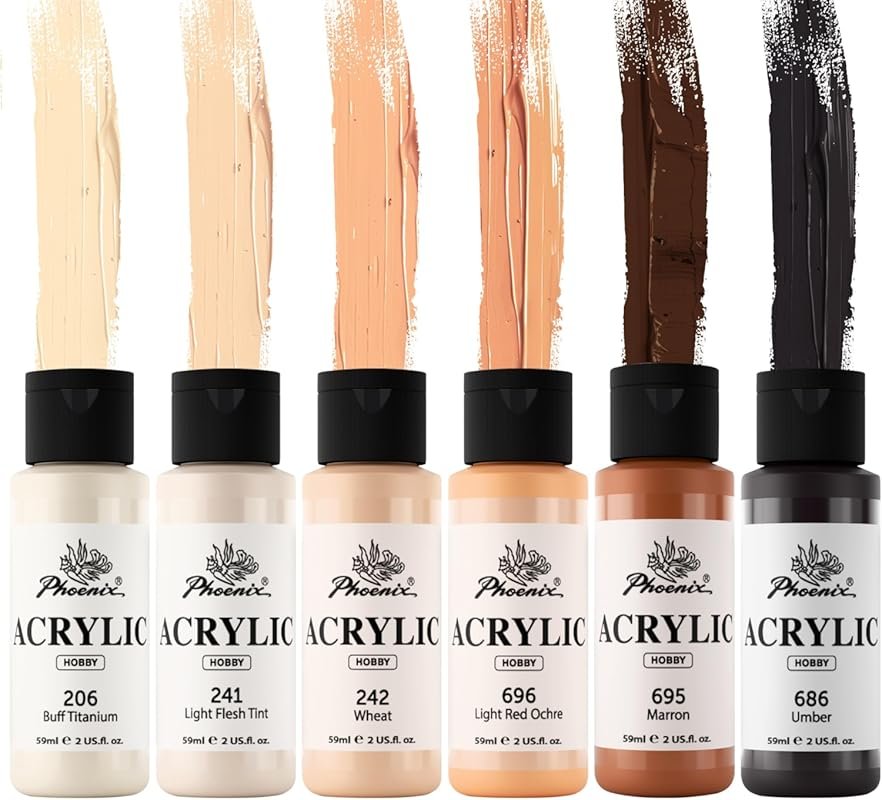 PHOENIX Acrylic Paint Set: 6 Neutral Skin Tone Colors (2 Fl Oz) for Mo