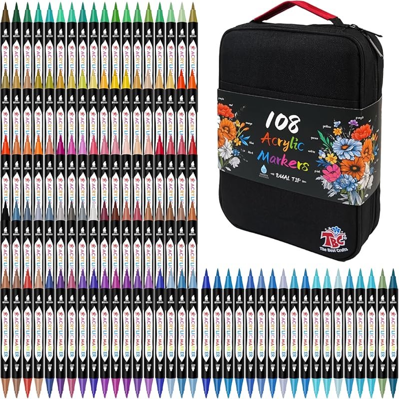 108 Colors Dual Tip Acrylic Markers: Waterproof, Non-Toxic for Pottery
