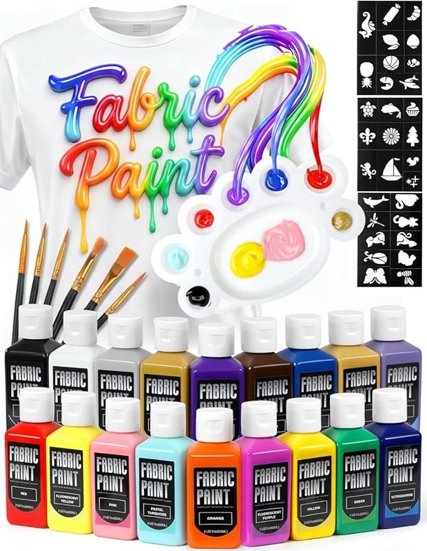 Permanent Fabric Paint Set: 18 Vibrant Colors (60ml), Non-Toxic & Wash