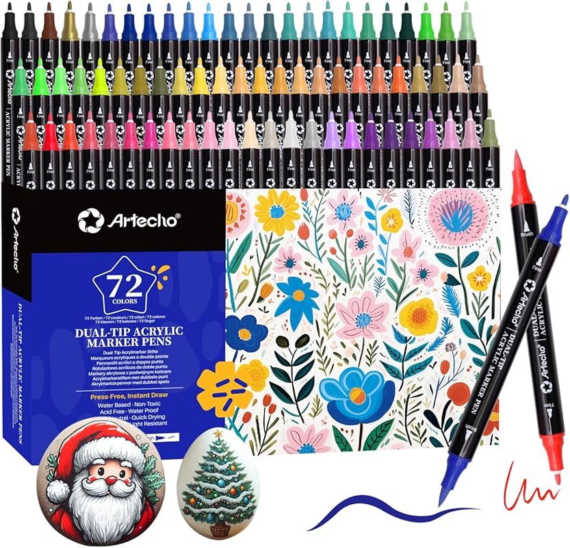 Artecho 72-Color Acrylic Paint Markers – Dual Tip Pens for Stone, Wood