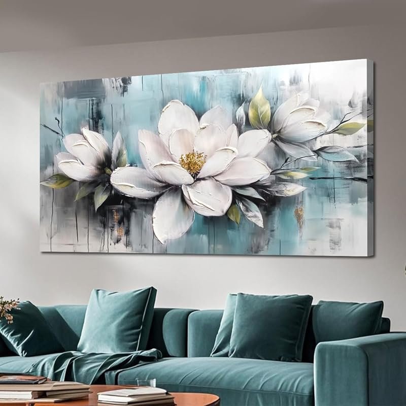Large White Floral Magnolia Textured Canvas Wall Art for Living Room D
