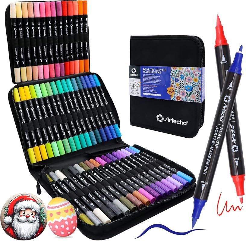 Artecho 48 Colors Acrylic Paint Markers: Brush and Fine Tips for Paint