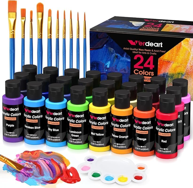 Acrylic Paint Set: 24 Rich Colors, 2oz Bottles for Canvas, Wood, Glass