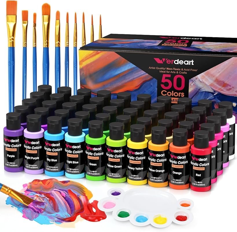 50 Colors Acrylic Paint Set, 2 oz with 10 Brushes, Excellent for Rock 