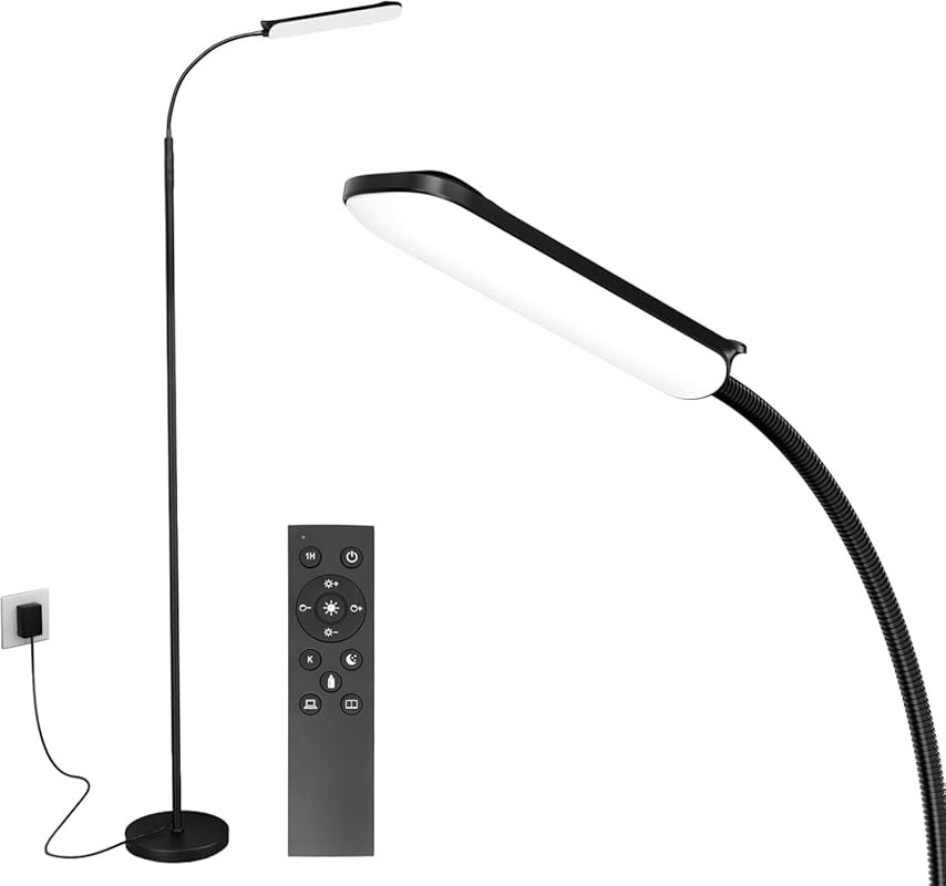 Black Dimmable LED Floor Lamp: Adjustable Gooseneck, Remote & Touch, 4