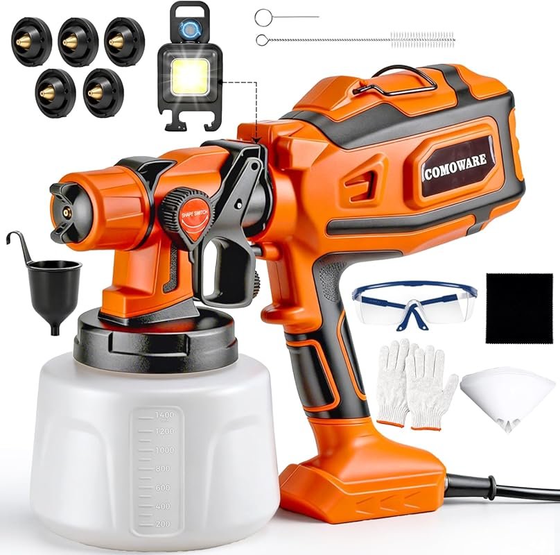 A 1000W Electric HVLP Paint Sprayer Gun with adjustable flow, 5 nozzle