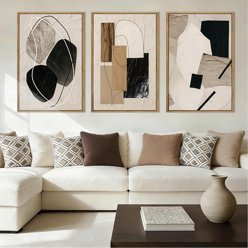 Large Neutral Abstract Framed Wall Art: 3-Piece Mid-Century Modern Can