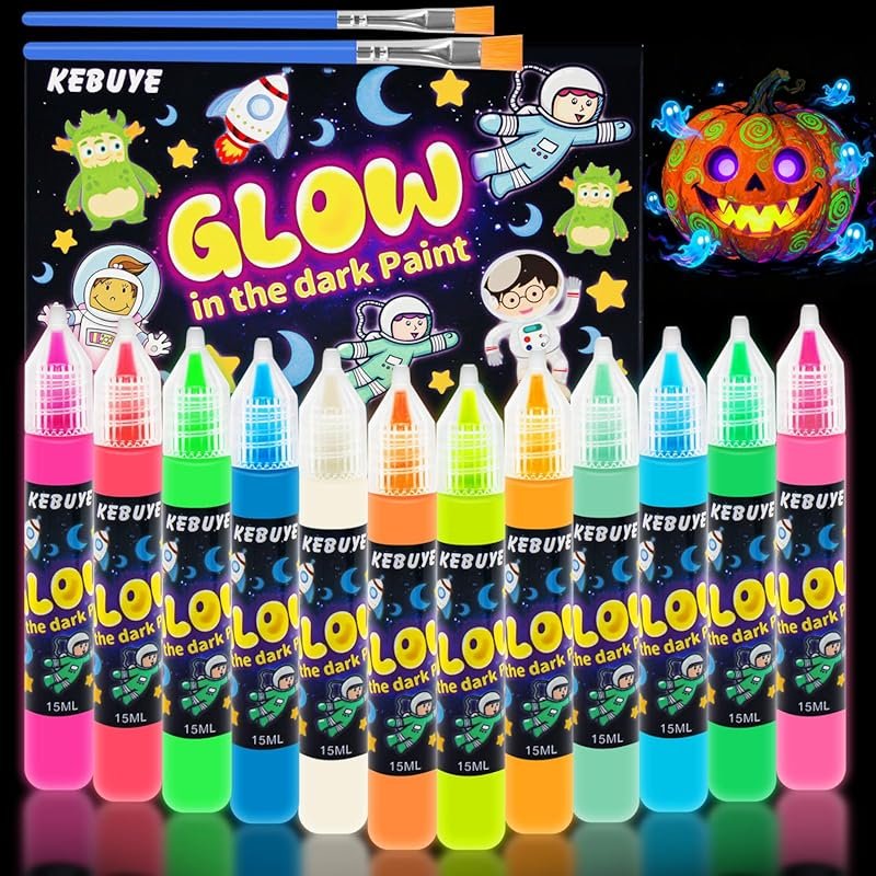 Glow-in-the-Dark Acrylic Paint Set: 12 UV Reactive Fluorescent Blackli
