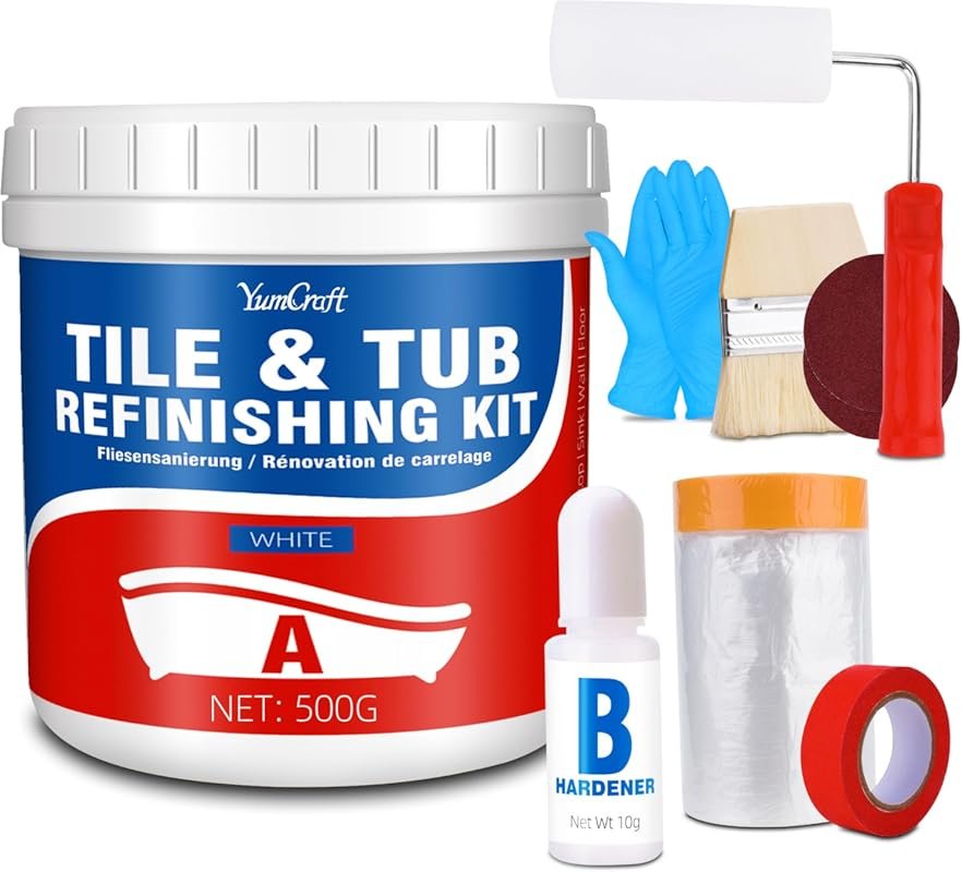 Tub and Tile Refinishing Kit with Hardener, Semi-Gloss White Paint for