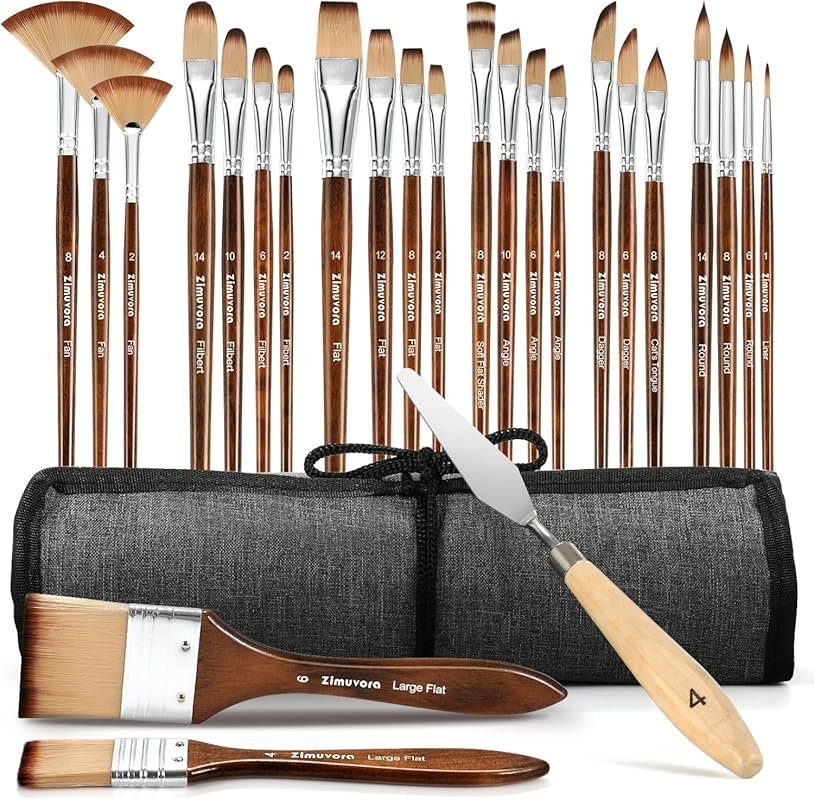 25-Piece Nylon Bristle Paint Brush Set with Cloth Roll for Acrylic Pai