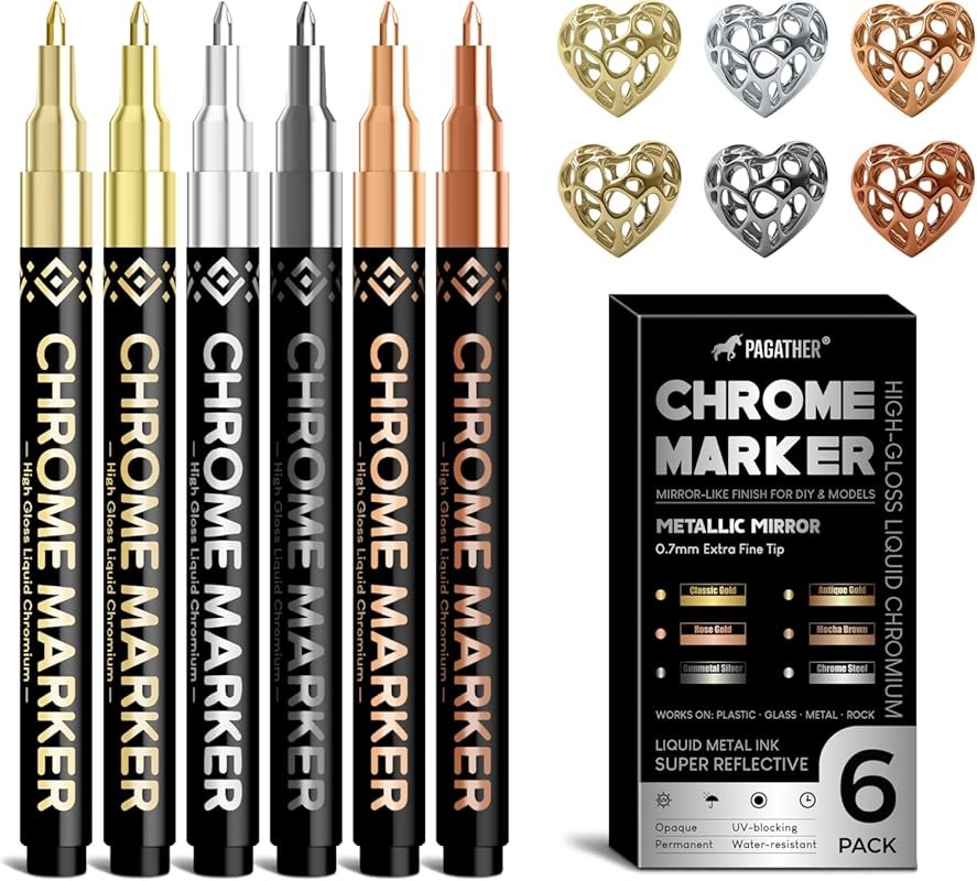 6 Colors Permanent Liquid Chrome Pens for Mirror Finish on Plastic, Me