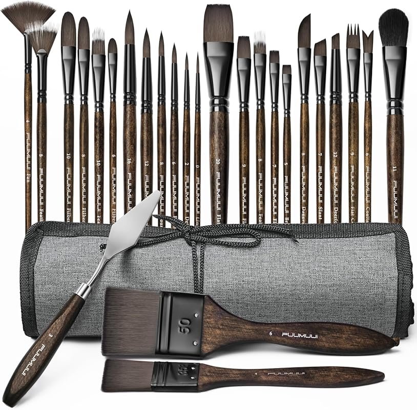 26-Piece Synthetic Nylon Paint Brush Set for Acrylic, Oil, Watercolor,