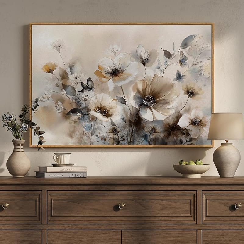 Framed Neutral Beige Botanical Wall Art: Rustic Watercolor Floral Canv