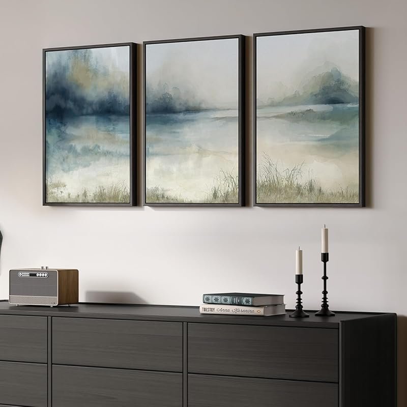 Framed Abstract Landscape Wall Art: 3-Piece Blue Watercolor for Living