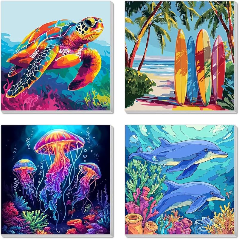 4 Pack Paint by Numbers Kit for Kids: Beach Theme Canvas with Frame, 8
