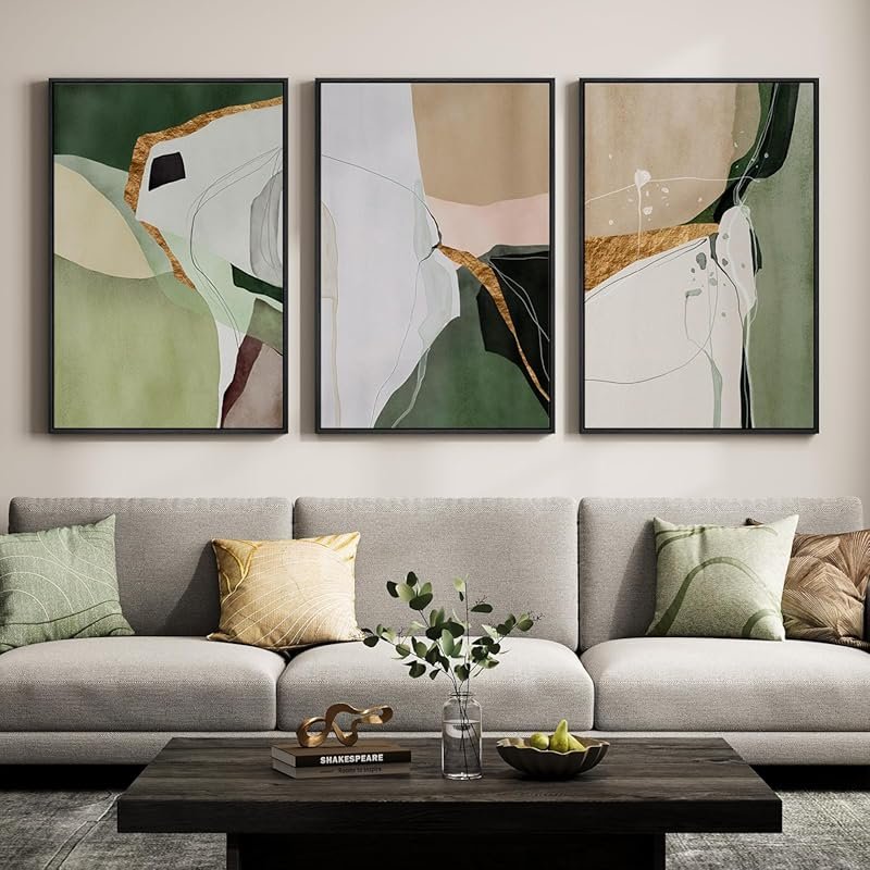 Large Green and Beige Abstract Wall Art: 3-Piece Modern Canvas Prints 
