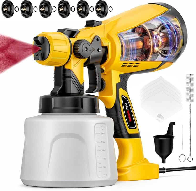 1000W Electric Handheld HVLP Paint Sprayer: 3 Patterns, 6 Nozzles, Eas
