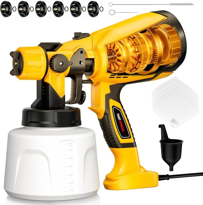 1000W HVLP Spray Gun with 6 Brass Nozzles and 3 Patterns for Home Use.