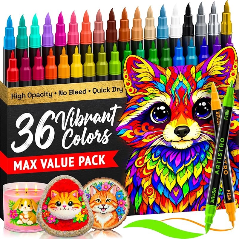 Best ARTISTRO 36 Colors Acrylic Paint Pens: Brush and Fine Tips for Fa
