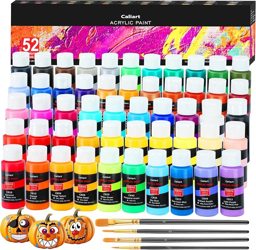 52 Colors Waterproof Acrylic Paint Set with 4 Brushes, Great for Rock 